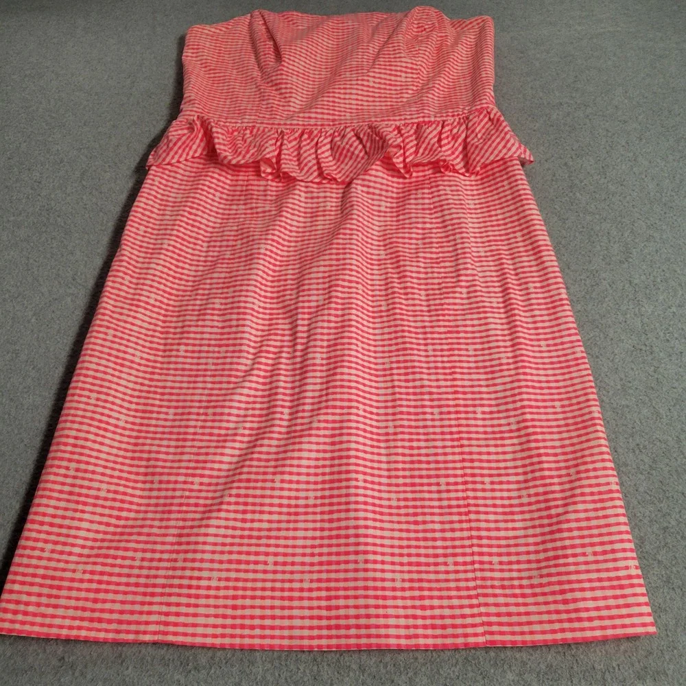 Lilly Pulitzer Lowe Pink Gingham Seersucker Peplum Strapless Dress 4 Zip Derby - Picture 3 of 13